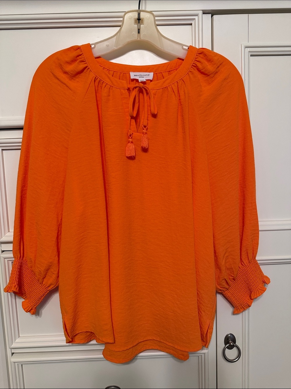 Westbound Petite Bright Orange Peasant Blouse with Tassel Tie